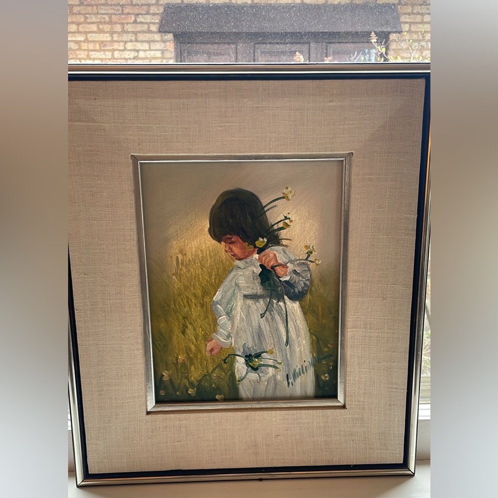 Framed Oil Painting Girl Picking Flowers